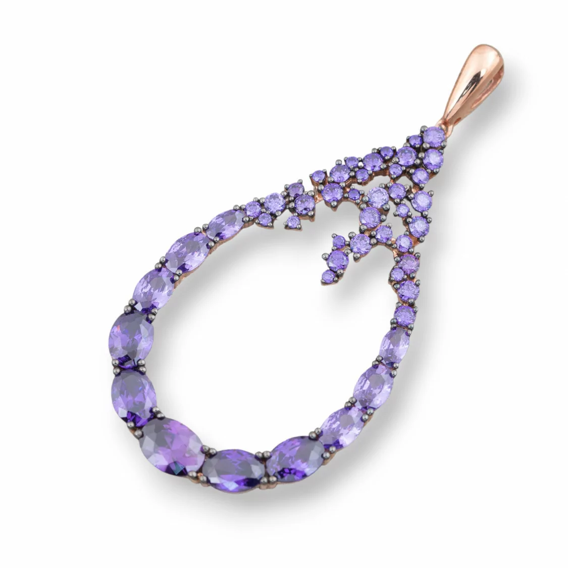 Ciondolo Pendente Di Argento 925 Oro Rosa Con Zirconi E Topazi Viola 30x65mm-ARGENTO 925 DESIGN ITALY | Worldofjewel.com