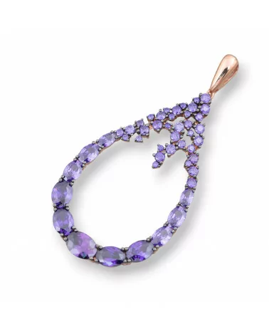 Ciondolo Pendente Di Argento 925 Oro Rosa Con Zirconi E Topazi Viola 30x65mm-ARGENTO 925 DESIGN ITALY | Worldofjewel.com