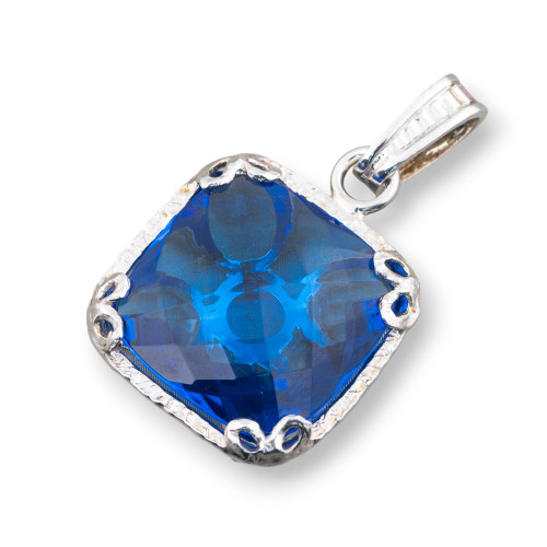 Pendente Di Argento 925 Con Zirconi Incastonati E Quadrato Di Cristallo Blu 23x38mm