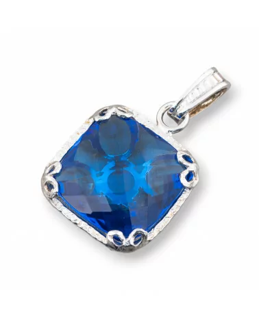 Pendente Di Argento 925 Con Zirconi Incastonati E Quadrato Di Cristallo Blu 23x38mm-ARGENTO 925 DESIGN ITALY | Worldofjewel.com