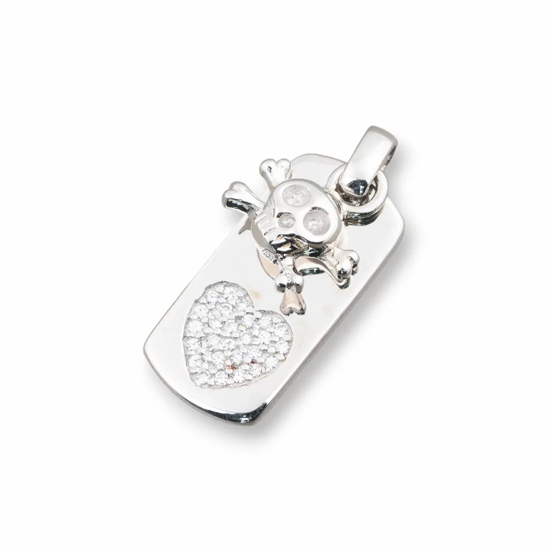 Pendenti Di Argento 925 Medaglietta Cuore Con Teschio Pirata Pendente E Zirconi 10x25mm-ARGENTO 925 DESIGN ITALY | Worldofjewel.com