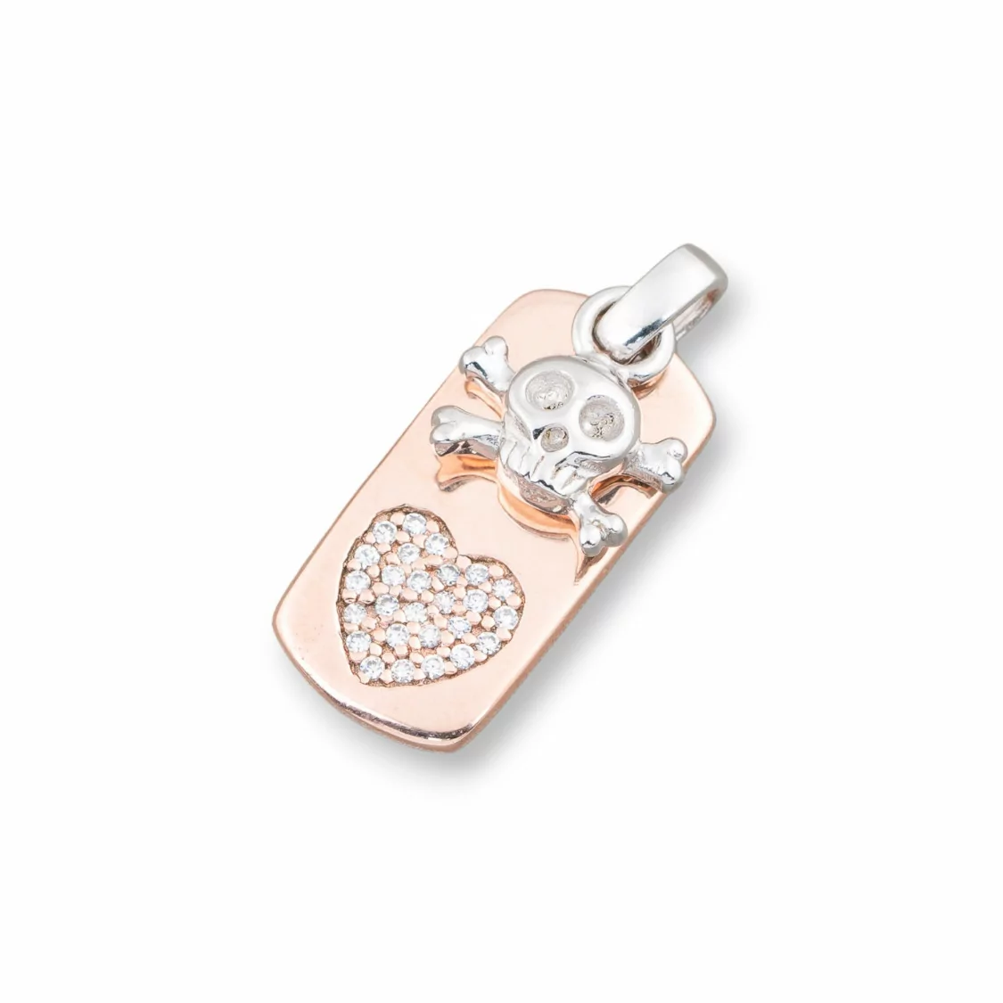 Pendenti Di Argento 925 Medaglietta Oro Rosa Cuore Con Teschio Pirata Pendente E Zirconi 10x25mm-ARGENTO 925 DESIGN ITALY | Worldofjewel.com