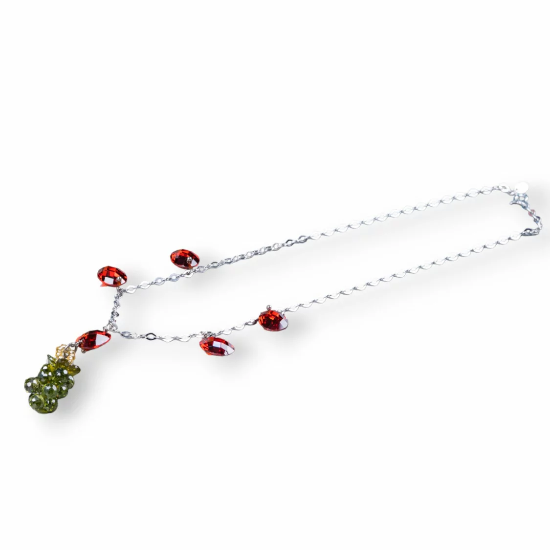 Collana Di Argento 925 Catena Rodiata Con Zirconi Rossi 42cm E Pendente Grappolo Zirconi Verde Oliva 2,5cm-OFFERTE COLLANE | Worldofjewel.com