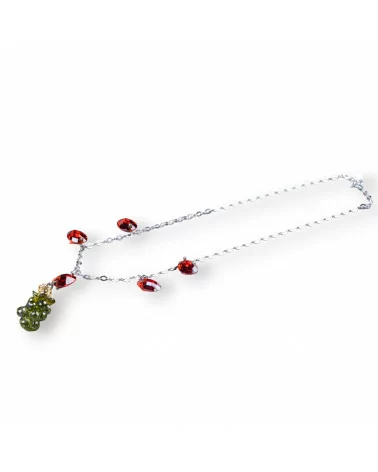 Collana Di Argento 925 Catena Rodiata Con Zirconi Rossi 42cm E Pendente Grappolo Zirconi Verde Oliva 2,5cm-OFFERTE COLLANE | Worldofjewel.com