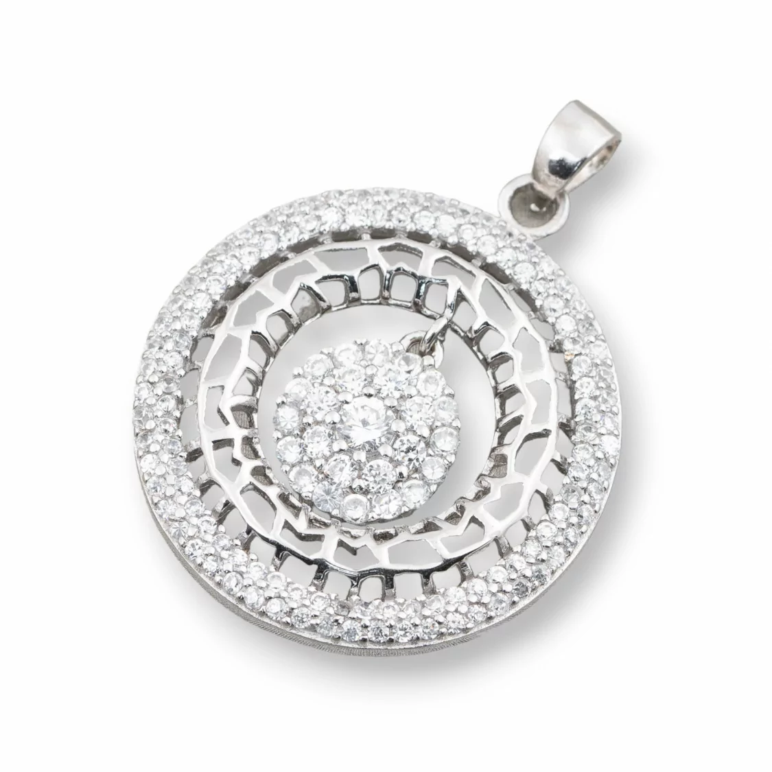 Ciondolo Pendente Di Argento 925 Tondo Con Zirconi 28x36mm-ARGENTO 925 DESIGN ITALY | Worldofjewel.com