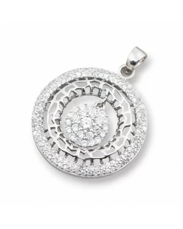 Ciondolo Pendente Di Argento 925 Tondo Con Zirconi 28x36mm-ARGENTO 925 DESIGN ITALY | Worldofjewel.com