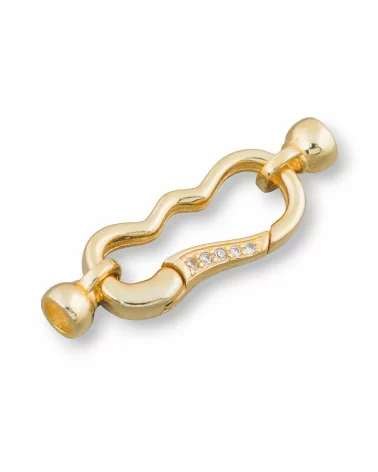 Chiusura Di Argento 925 A Moschettone Con Coppette e Zirconi 11x33mm 2pz Dorato-CHIUSURE DI ARGENTO | Worldofjewel.com