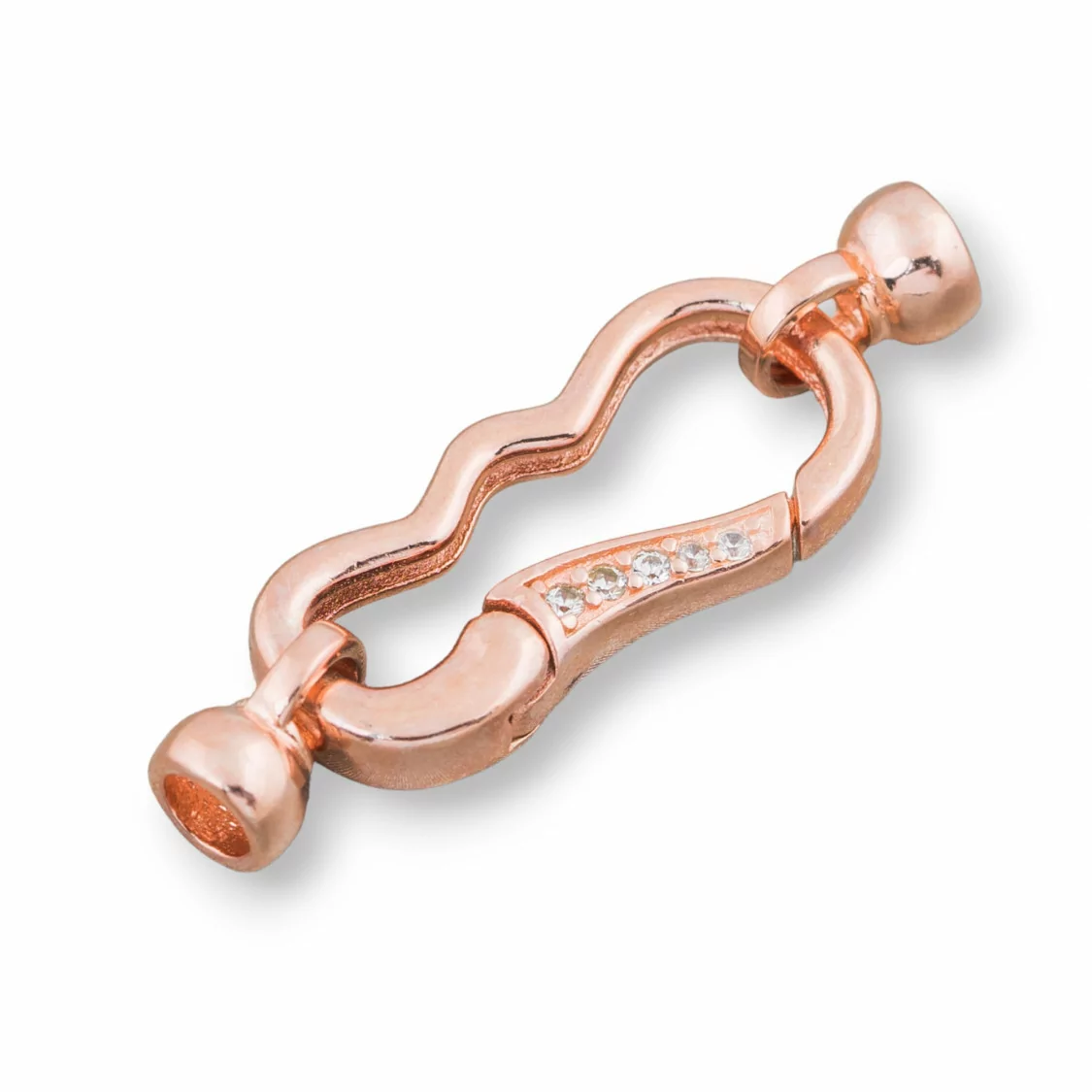 Chiusura Di Argento 925 A Moschettone Con Coppette e Zirconi 11x33mm 2pz Oro Rosa-CHIUSURE DI ARGENTO | Worldofjewel.com