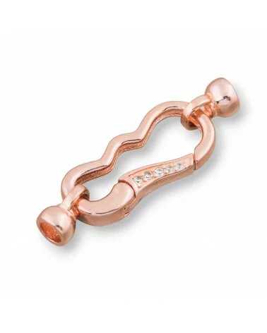 Chiusura Di Argento 925 A Moschettone Con Coppette e Zirconi 11x33mm 2pz Oro Rosa-CHIUSURE DI ARGENTO | Worldofjewel.com