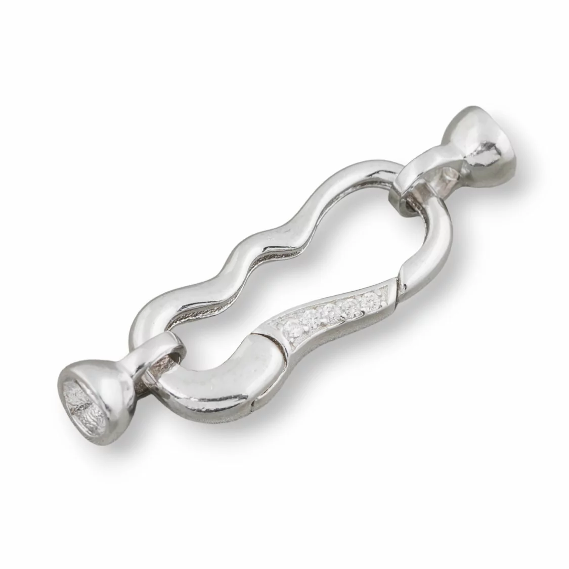 Chiusura Di Argento 925 A Moschettone Con Coppette e Zirconi 11x33mm 2pz Rodiato-CHIUSURE DI ARGENTO | Worldofjewel.com