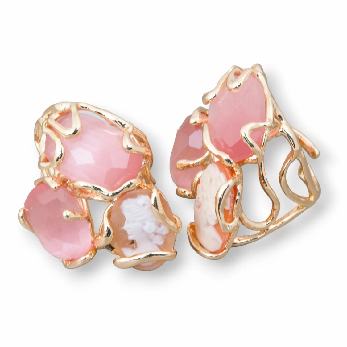 Anello Di Bronzo Collezione AURORA 32x36mm Con Occhio Di Gatto Misura Regolabile Con Cammeo Naturale Dorato Rosa-ANELLI BRONZO E OCCHIO DI GATTO | Worldofjewel.com