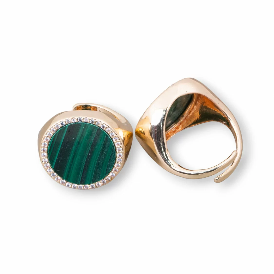 Anello Di Bronzo Con Pietra Naturale A Piastra Con Zirconi 20mm Misura Regolabile Malachite-ANELLI BRONZO E OCCHIO DI GATTO | Worldofjewel.com