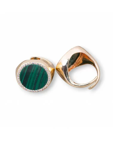 Anello Di Bronzo Con Pietra Naturale A Piastra Con Zirconi 20mm Misura Regolabile Malachite-ANELLI BRONZO E OCCHIO DI GATTO | Worldofjewel.com