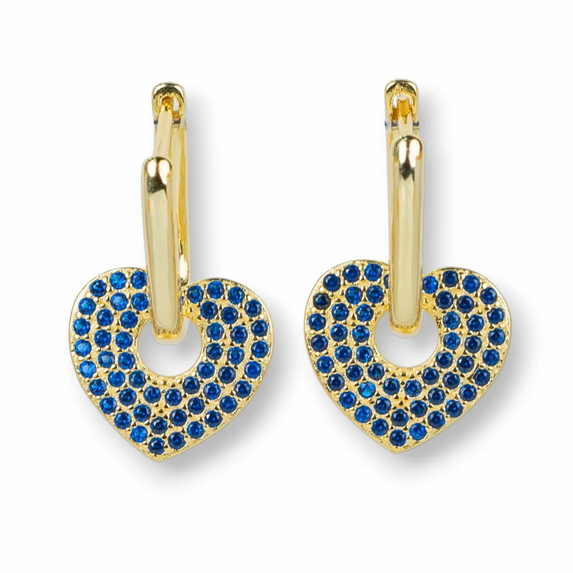 Orecchini Perno Chiuso Di Argento 925 Con Zirconi Micropave' Con Cuore 12x20mm 1 Coppia Dorato Blu-ARGENTO 925 DESIGN ITALY | Worldofjewel.com