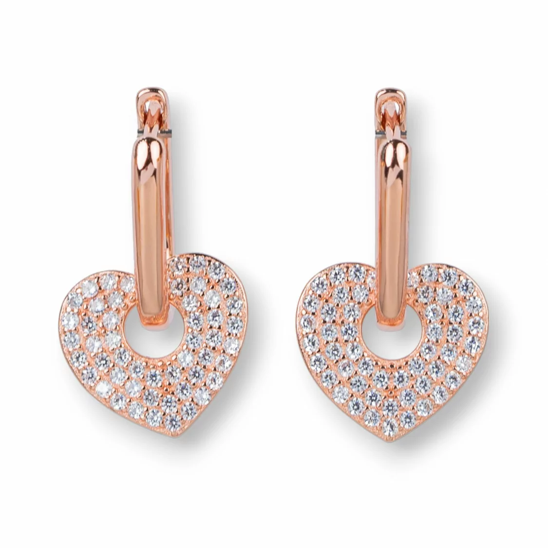 Orecchini Perno Chiuso Di Argento 925 Con Zirconi Micropave' Con Cuore 12x20mm 1 Coppia Oro Rosa Bianco-ARGENTO 925 DESIGN ITALY | Worldofjewel.com