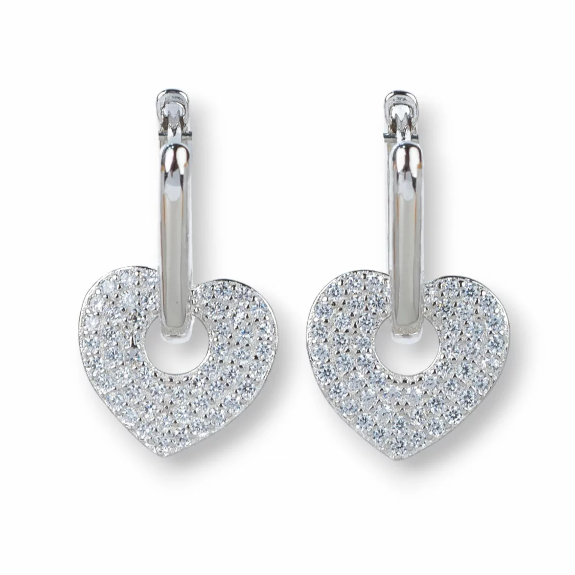 Orecchini Perno Chiuso Di Argento 925 Con Zirconi Micropave' Con Cuore 12x20mm 1 Coppia Rodiato Bianco-ARGENTO 925 DESIGN ITALY | Worldofjewel.com