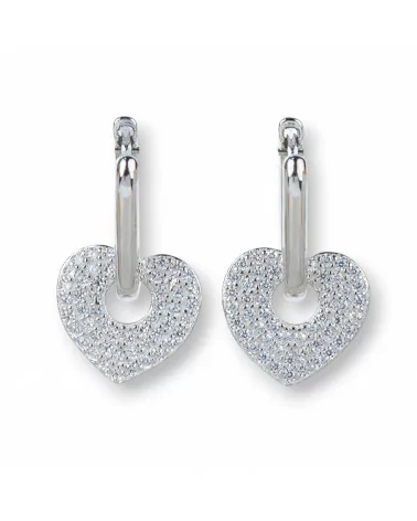 Orecchini Perno Chiuso Di Argento 925 Con Zirconi Micropave' Con Cuore 12x20mm 1 Coppia Rodiato Bianco-ARGENTO 925 DESIGN ITALY | Worldofjewel.com