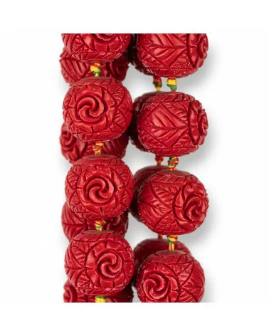 Perline Di Resina Sfera Incisa 23mm 14pz Fiore Rosso-RESINA A FILO | Worldofjewel.com