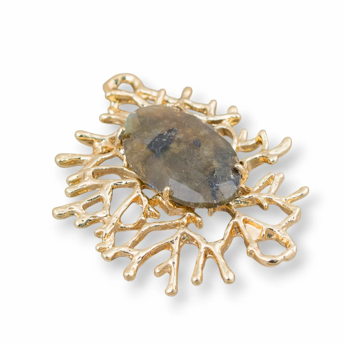 Connettore Componente Di Bronzo Stile Rami Di Corallo Con Cabochon Incastonato 40x53mm 1pz Labradorite-CONNETTORI CON PIETRE | Worldofjewel.com