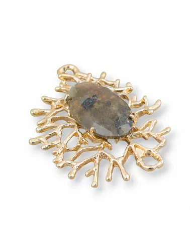 Connettore Componente Di Bronzo Stile Rami Di Corallo Con Cabochon Incastonato 40x53mm 1pz Labradorite-CONNETTORI CON PIETRE | Worldofjewel.com