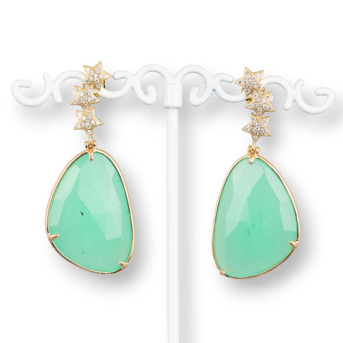 Boucles D'oreilles Puces Bronze 3 Étoiles Avec Zircons Et Cabochon Pierre De Mangue 22x52mm Vert Aqua