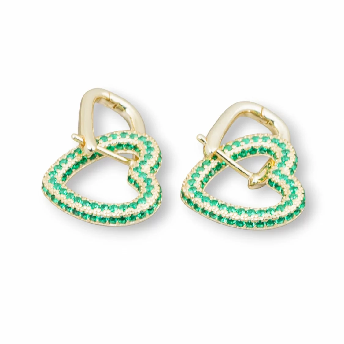 Orecchini Perno Chiuso Di Argento 925 Con Zirconi Micropave' Cuore 17x27mm 1 Paio Dorato Verde-ARGENTO 925 DESIGN ITALY | Worldofjewel.com