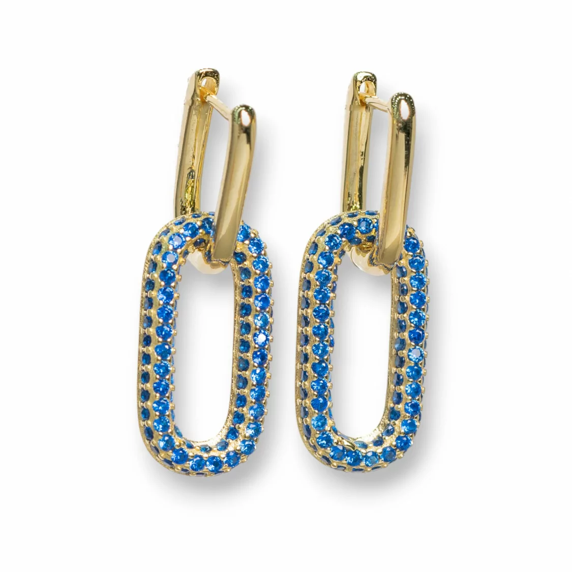 Orecchini Perno Chiuso Di Argento 925 Con Zirconi Micropave' Ovale 10x30mm 1 Paio Dorato Blu-ARGENTO 925 DESIGN ITALY | Worldofjewel.com