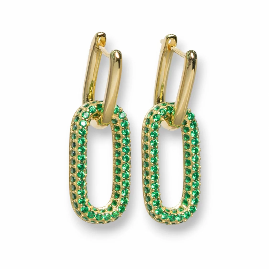 Orecchini Perno Chiuso Di Argento 925 Con Zirconi Micropave' Ovale 10x30mm 1 Paio Dorato Verde-ARGENTO 925 DESIGN ITALY | Worldofjewel.com