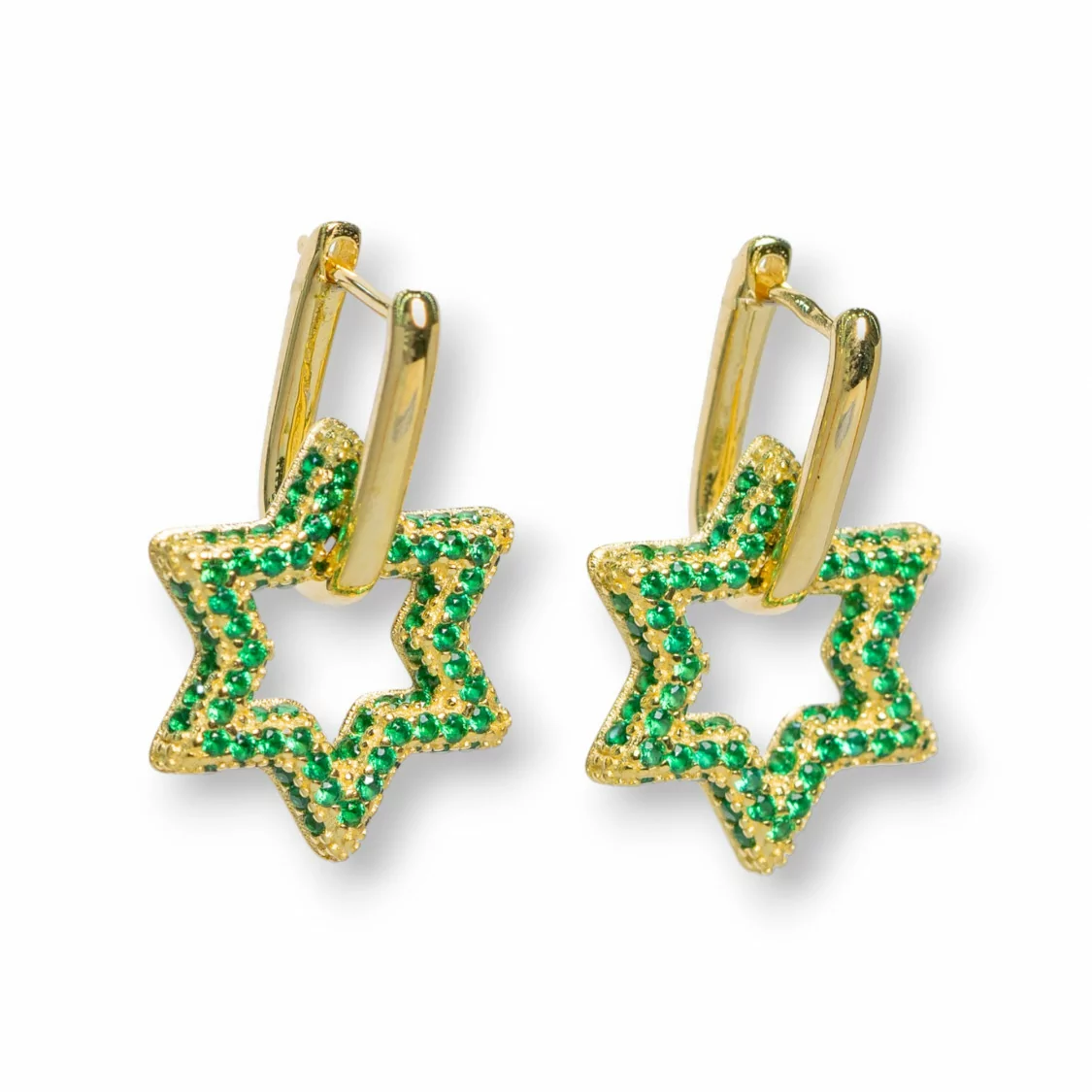 Orecchini Perno Chiuso Di Argento 925 Con Zirconi Micropave' Stella 15,5x25mm 1 Paio Dorato Verde-ARGENTO 925 DESIGN ITALY | Worldofjewel.com