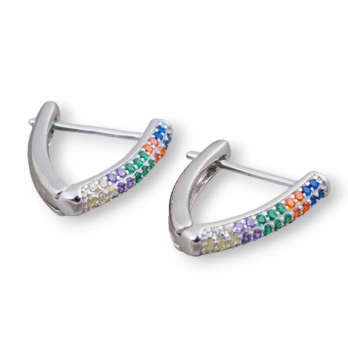 Orecchini Perno Chiuso Di Argento 925 Con Zirconi Micropave' Triangolo 14x16mm 2 Paia Rodiato Multicolor-ARGENTO 925 DESIGN ITALY | Worldofjewel.com