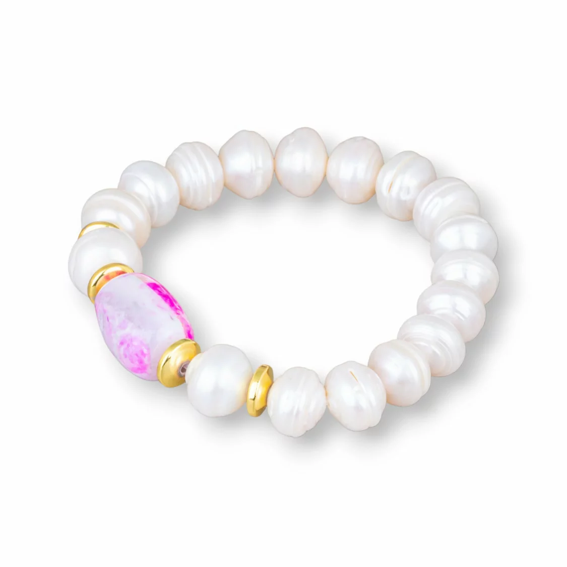 Bracciale Elastico Di Perle Di Fiume Cipollina 10,0-10,5mm Con Ematite E Centrale Barilotto Di Agata Dorato Fucsia-BRACCIALI DI PIETRE E PERLE | Worldofjewel.com