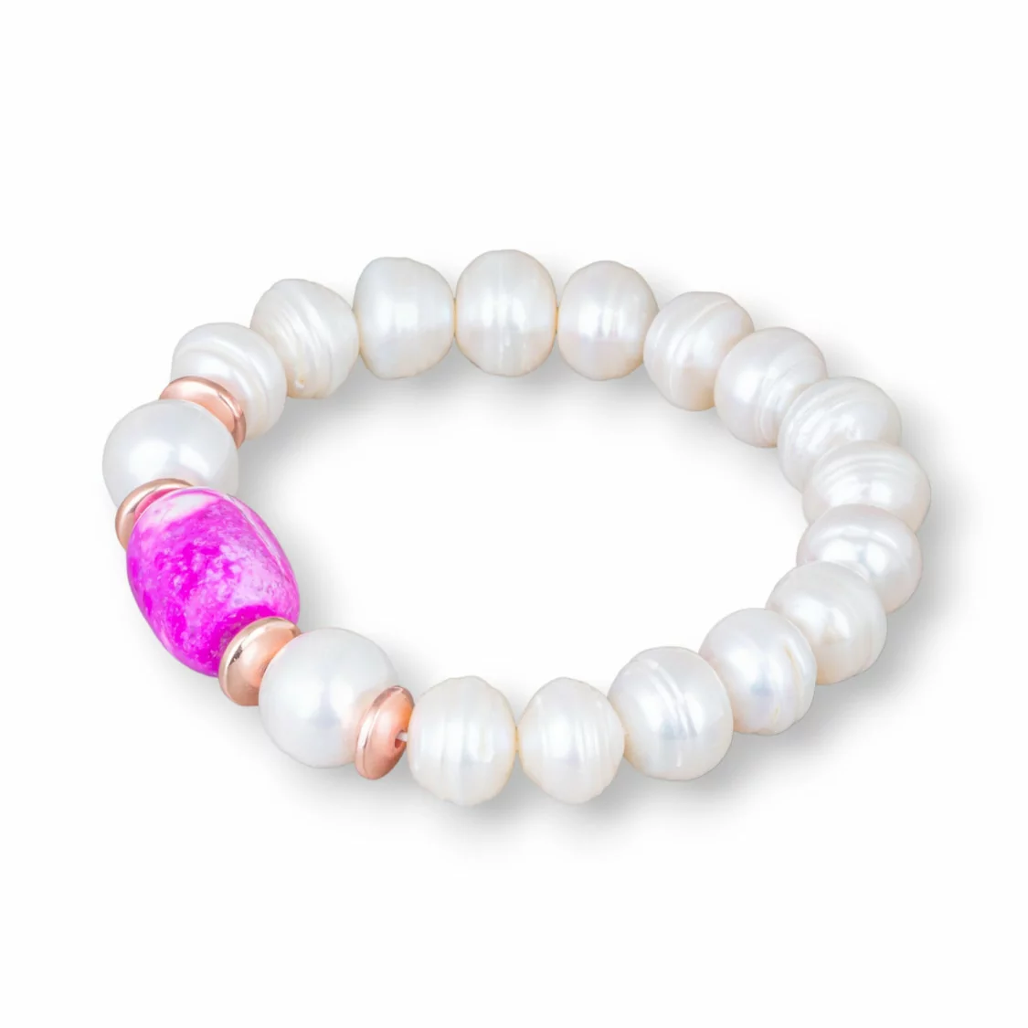 Bracciale Elastico Di Perle Di Fiume Cipollina 10,0-10,5mm Con Ematite E Centrale Barilotto Di Agata Oro Rosa Fucsia-BRACCIALI DI PIETRE E PERLE | Worldofjewel.com