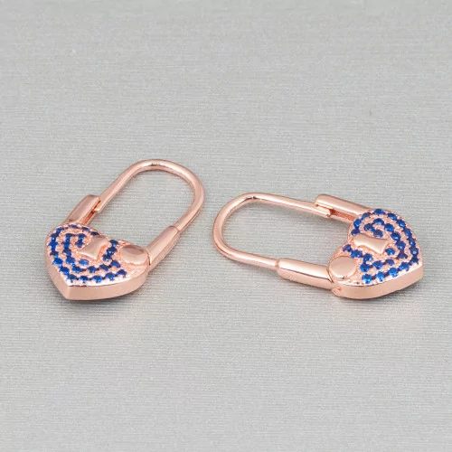 Closed Hook Earrings Of 925 Silver With Micropave' Zircons With Heart 10x21mm 2 Pairs Rose Gold Blue