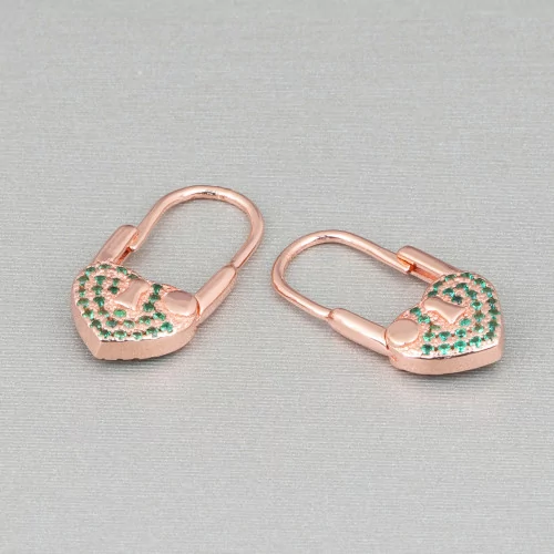 Closed Hook Earrings Of 925 Silver With Micropave' Zircons With Heart 10x21mm 2 Pairs Rose Gold Green