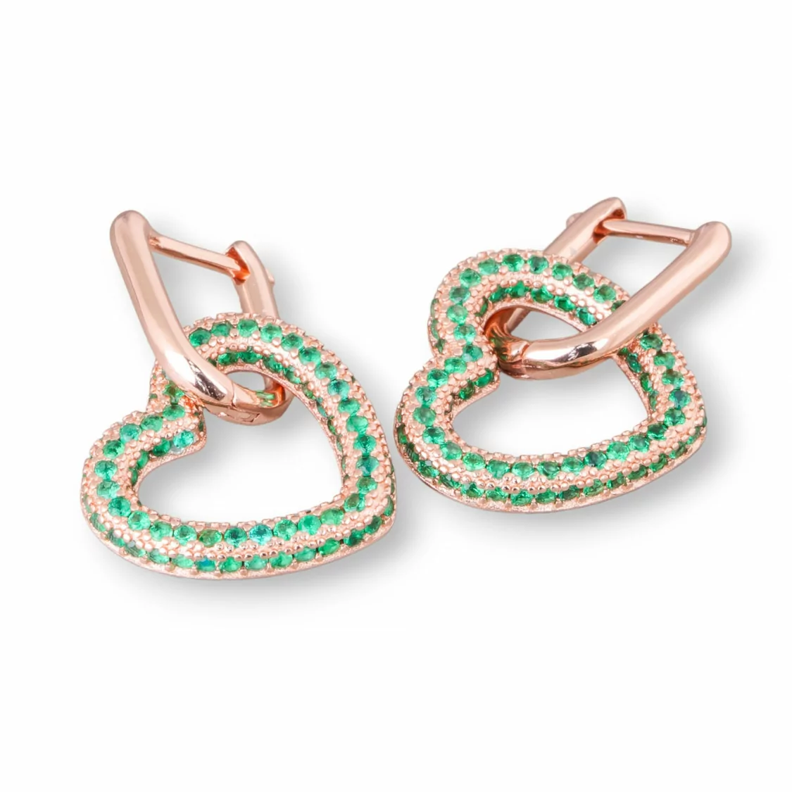 Orecchini Perno Chiuso Di Argento 925 Con Zirconi Micropave' Cuore 17x27mm 1 Paio Oro Rosa Verde-ARGENTO 925 DESIGN ITALY | Worldofjewel.com