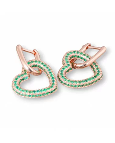 Orecchini Perno Chiuso Di Argento 925 Con Zirconi Micropave' Cuore 17x27mm 1 Paio Oro Rosa Verde-ARGENTO 925 DESIGN ITALY | Worldofjewel.com