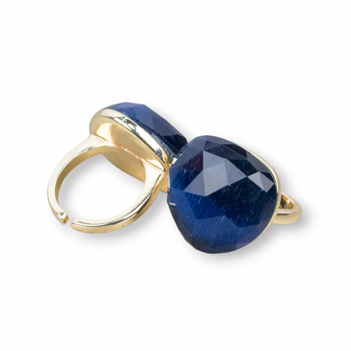 Anello Di Bronzo Con Occhio Di Gatto Cuore Sfaccettato 23mm Misura Regolabile Blu Zaffiro-ANELLI BRONZO E OCCHIO DI GATTO | Worldofjewel.com