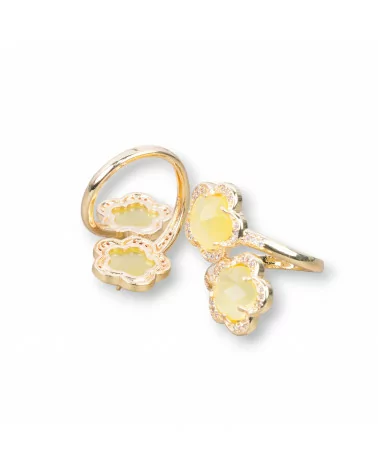 Anello Di Bronzo Con Occhio Di Gatto Doppio Fiore Sfaccettato 15mm Misura Regolabile Giallo-ANELLI BRONZO E OCCHIO DI GATTO | Worldofjewel.com