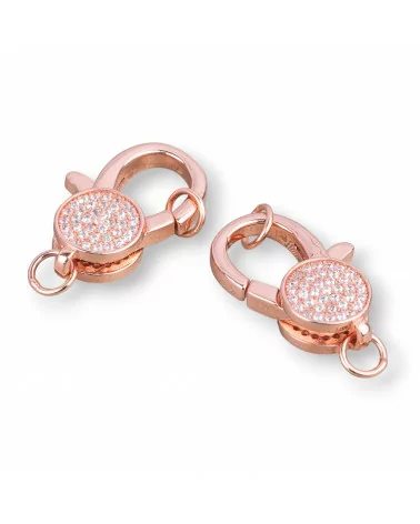 Chiusura Di Argento 925 Con Zirconi Micropave' 13x18mm Gancio Moschettone 2pz Oro Rosa-CHIUSURE DI ARGENTO | Worldofjewel.com