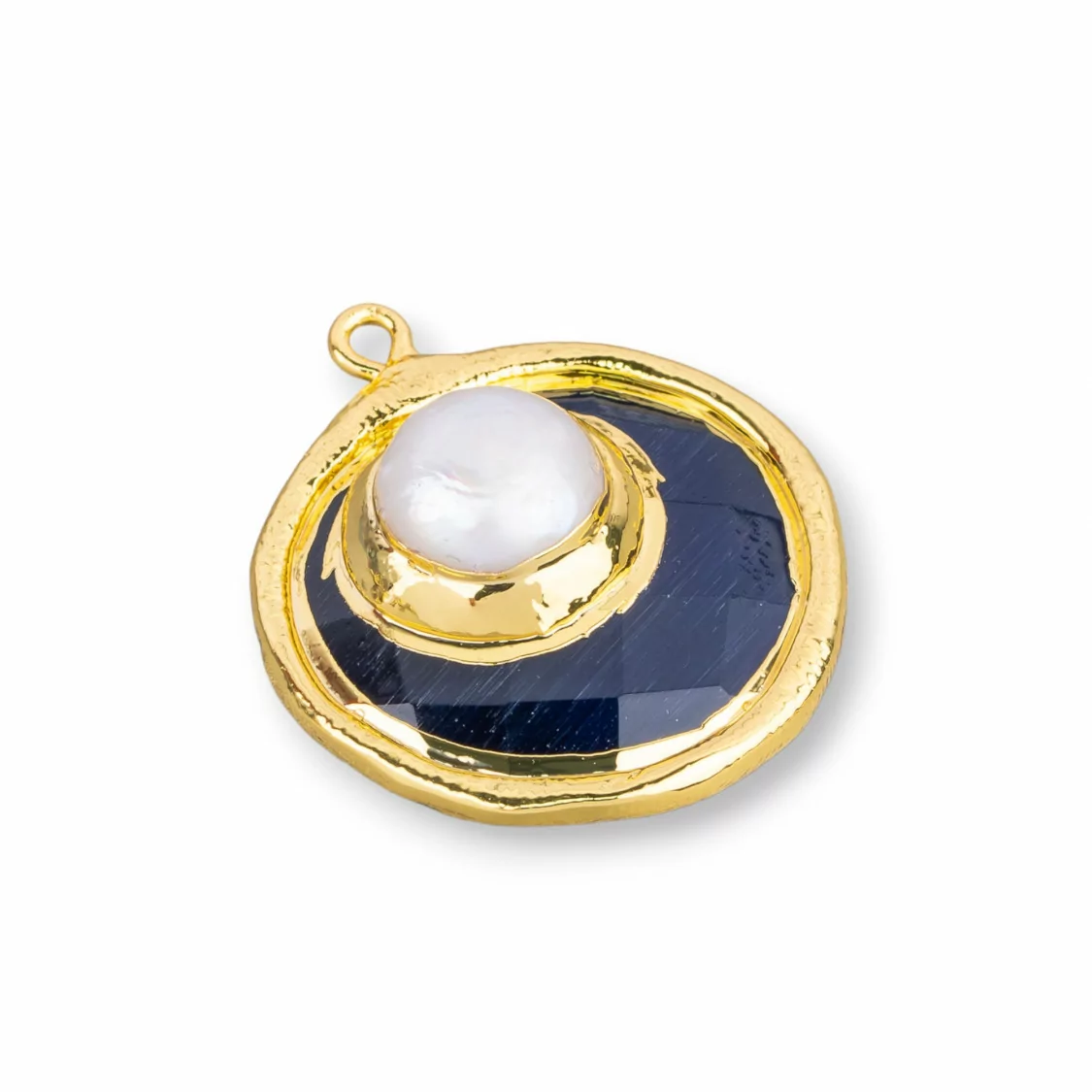 Componente Pendente Di Occhio Di Gatto Con Perle Di Fiume Placcato Oro 28mm 2pz Blu Intenso- CABOCHON DORATI | Worldofjewel.com