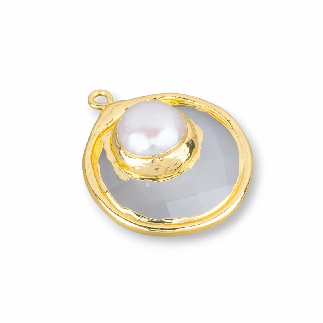 Componente Pendente Di Occhio Di Gatto Con Perle Di Fiume Placcato Oro 28mm 2pz Grigio Chiaro- CABOCHON DORATI | Worldofjewel.com