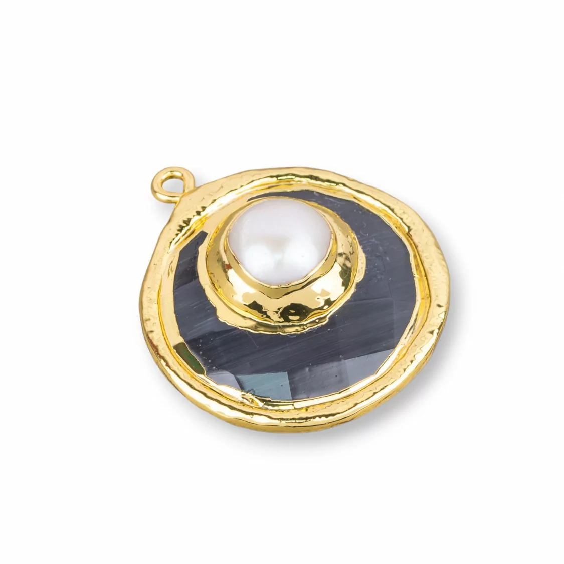 Componente Pendente Di Occhio Di Gatto Con Perle Di Fiume Placcato Oro 28mm 2pz Grigio Scuro- CABOCHON DORATI | Worldofjewel.com