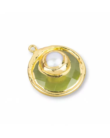 Componente Pendente Di Occhio Di Gatto Con Perle Di Fiume Placcato Oro 28mm 2pz Verde Acido- CABOCHON DORATI | Worldofjewel.com