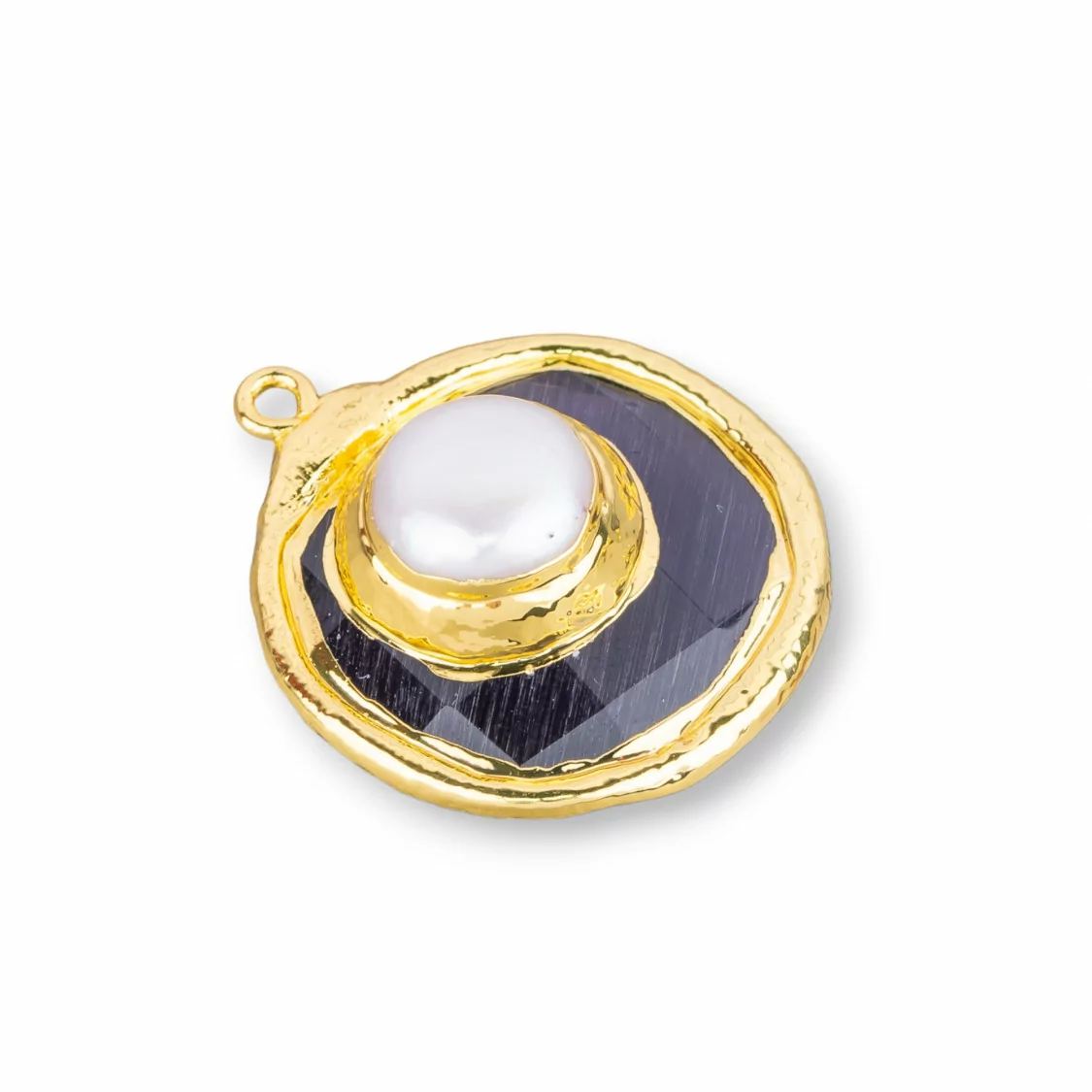 Componente Pendente Di Occhio Di Gatto Con Perle Di Fiume Placcato Oro 28mm 2pz Viola Scuro- CABOCHON DORATI | Worldofjewel.com