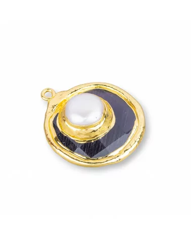 Componente Pendente Di Occhio Di Gatto Con Perle Di Fiume Placcato Oro 28mm 2pz Viola Scuro- CABOCHON DORATI | Worldofjewel.com