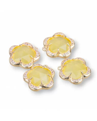 Componente Pendente Di Ottone Con Occhio Di Gatto Incastonati Fiore 5 Petali 14mm 8pz Con 1 Anellino Giallo- FIORE | Worldofjewel.com