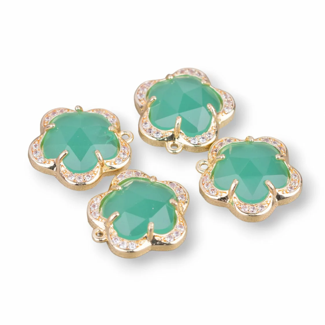 Componente Pendente Di Ottone Con Occhio Di Gatto Incastonati Fiore 5 Petali 14mm 8pz Con 1 Anellino Verde Chiaro- FIORE | Worldofjewel.com