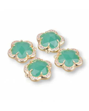 Componente Pendente Di Ottone Con Occhio Di Gatto Incastonati Fiore 5 Petali 14mm 8pz Con 1 Anellino Verde Chiaro- FIORE | Worldofjewel.com