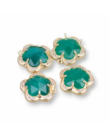 Componente Pendente Di Ottone Con Occhio Di Gatto Incastonati Fiore 5 Petali 14mm 8pz Con 1 Anellino Verde Smeraldo- FIORE | Worldofjewel.com