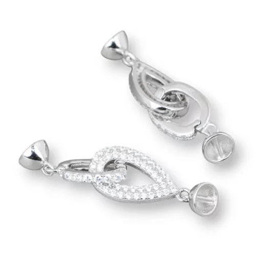 925 Silver Clasp With Zircons Drop 9x33mm With 5.5mm Cups 2pcs Rhodium Plated